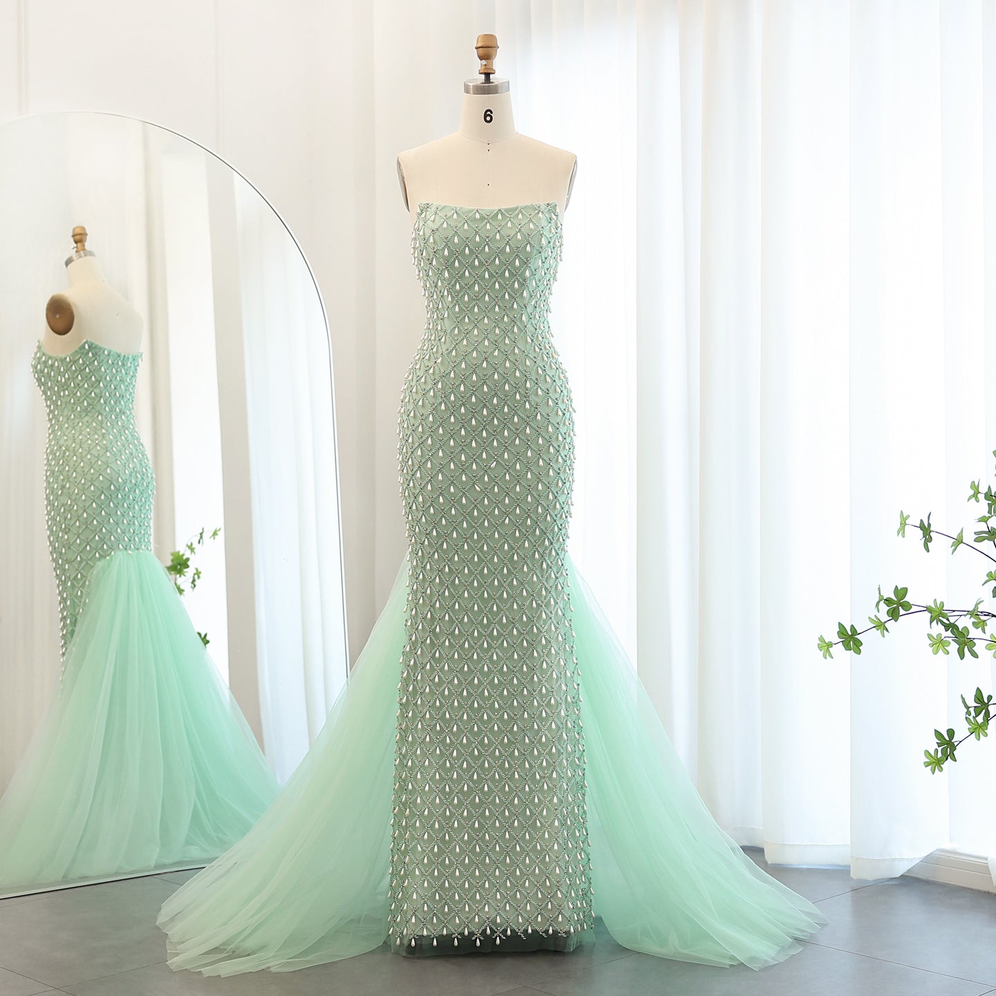 Luxury Pearls Sage Green Strapless Mermaid Evening Dress with Cape SS431