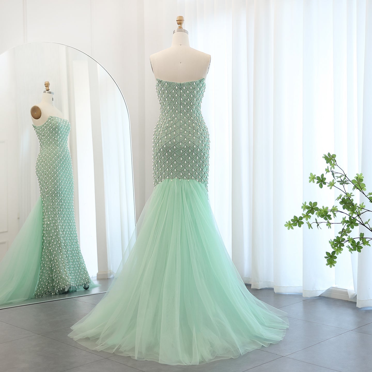 Luxury Pearls Sage Green Strapless Mermaid Evening Dress with Cape SS431