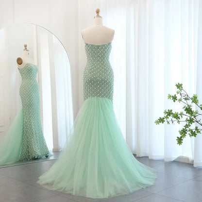 Luxury Crystal Pearls Sage Green Evening Dress with Cape SS431