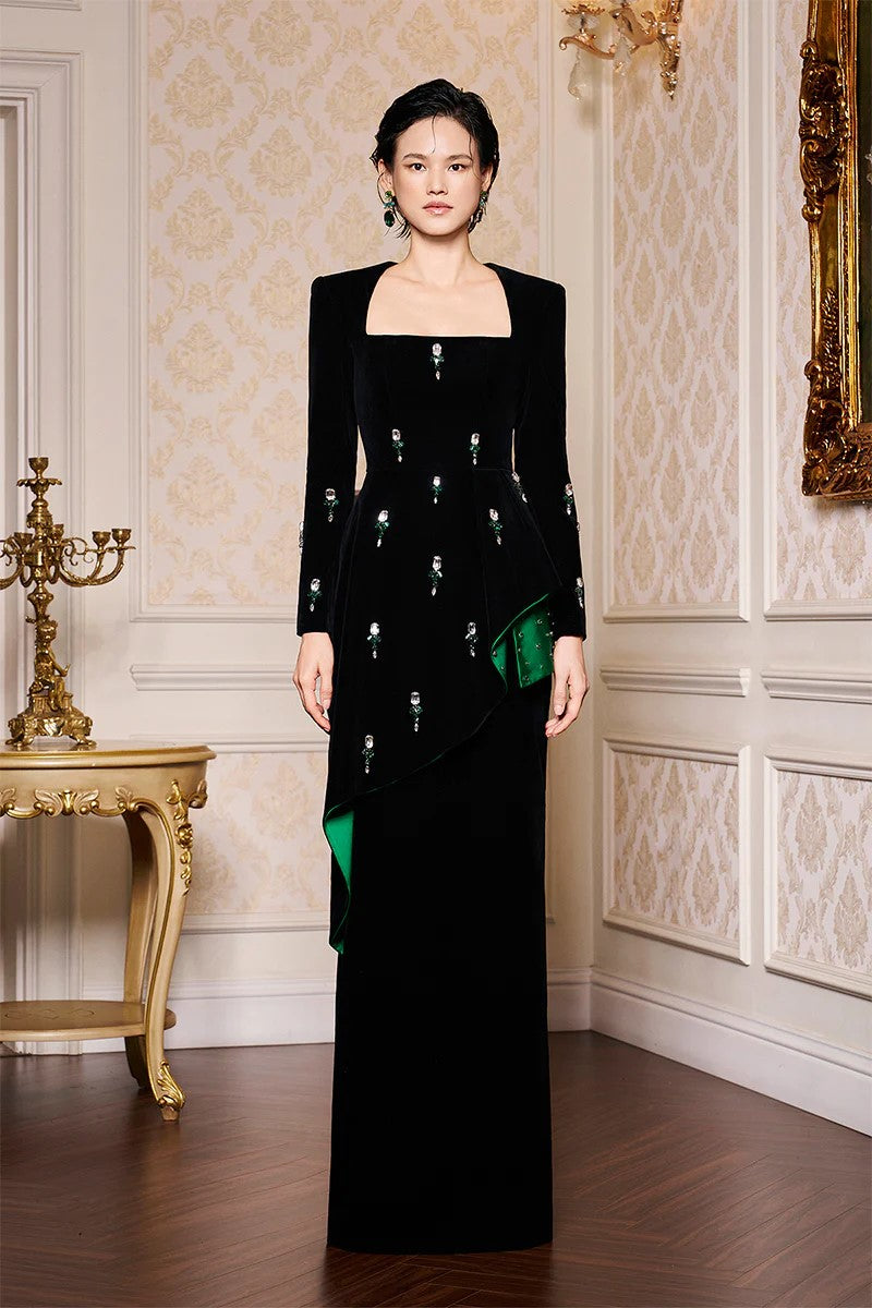 Luxury Crystal Black Long Sleeves Evening Dress SF319