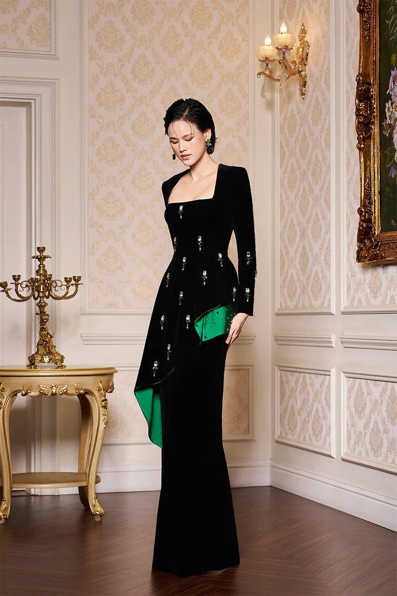Luxury Crystal Black Long Sleeves Evening Dress SF319