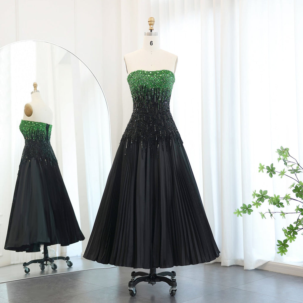 Luxury Beaded Black Strapless Midi Evening Dress SS224