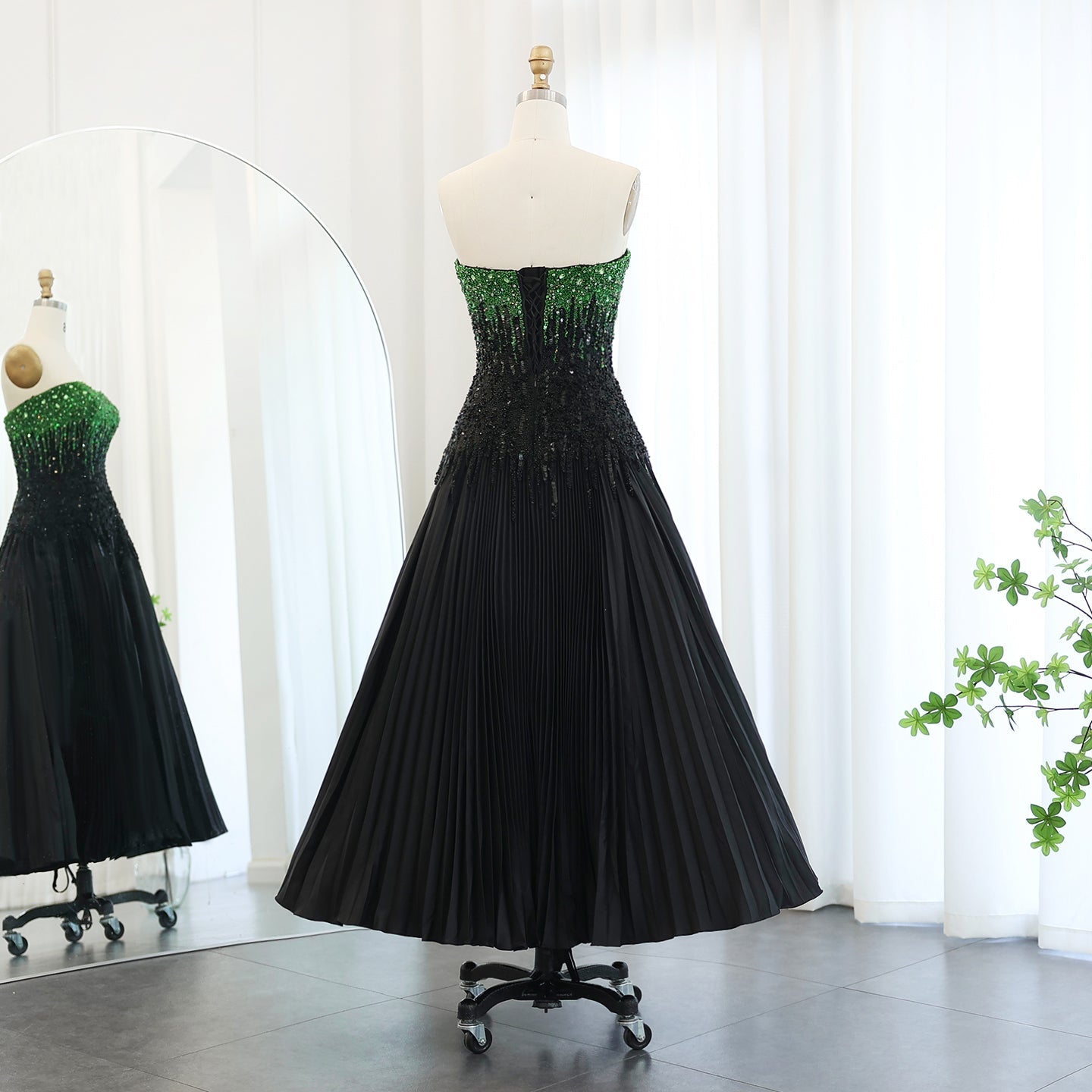 Luxury Beaded Black Strapless Midi Evening Dress SS224