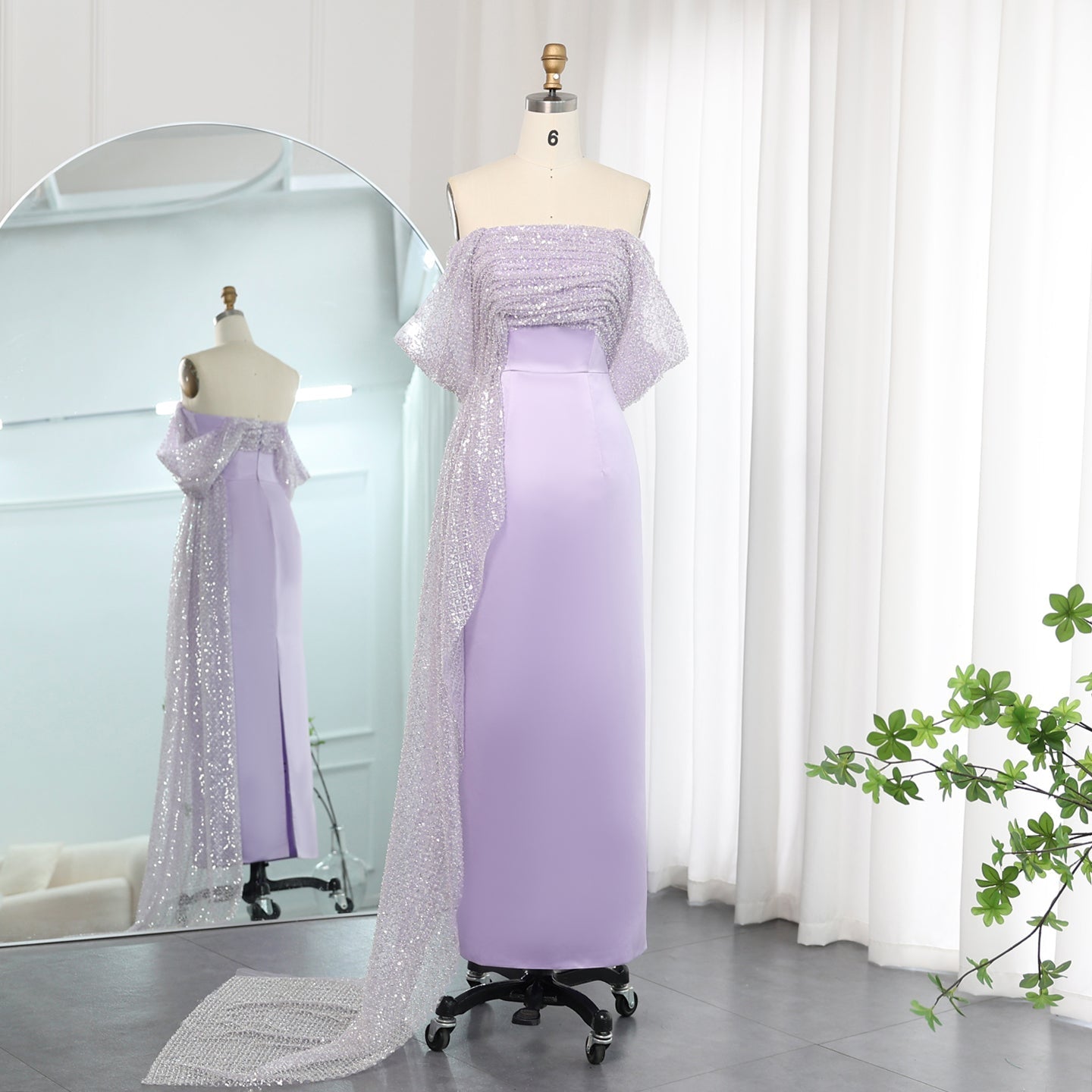 Elegant Beaded Lilac Off Shoulder Evening Dress with Overskirt SS340