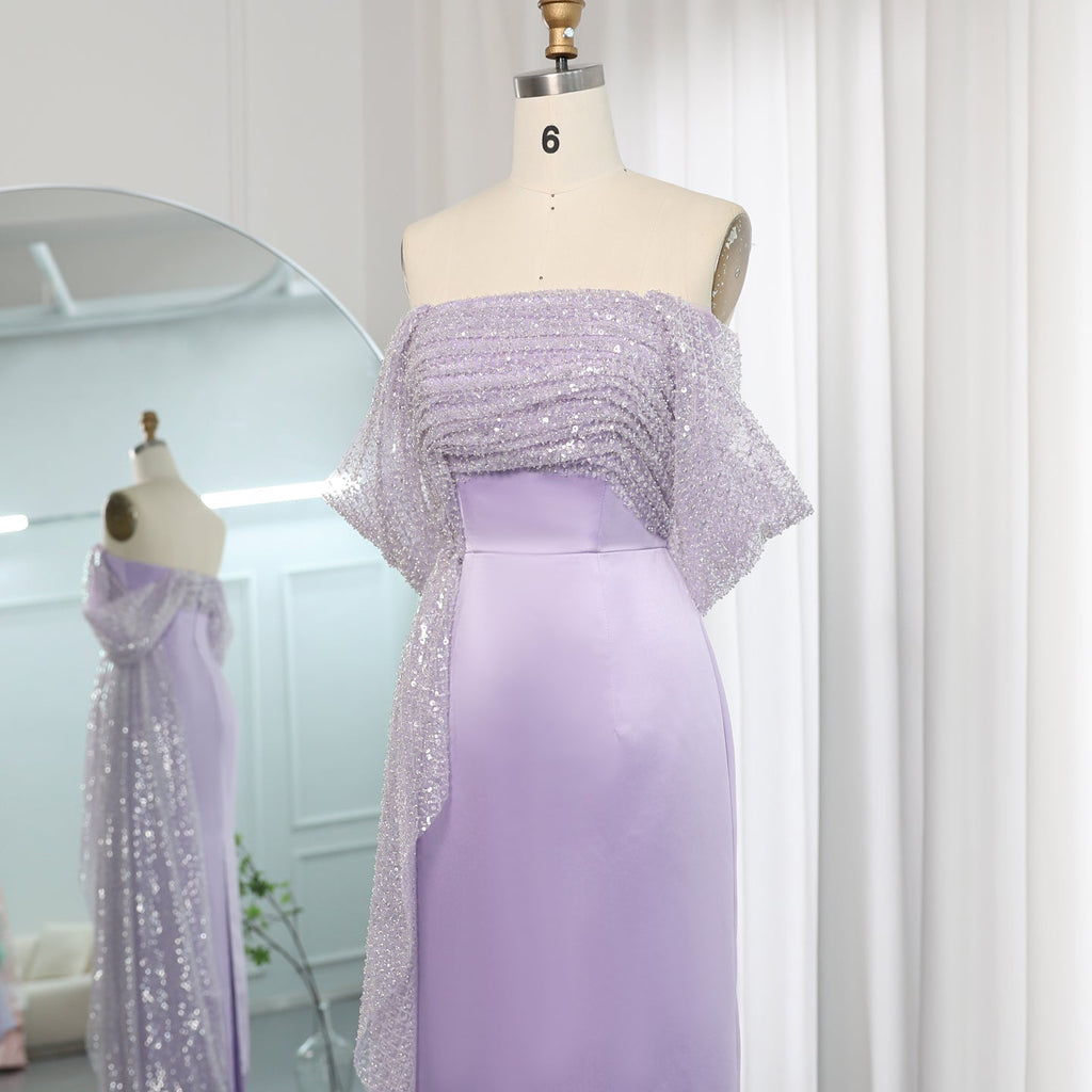 Elegant Beaded Lilac Off Shoulder Evening Dress with Overskirt SS340