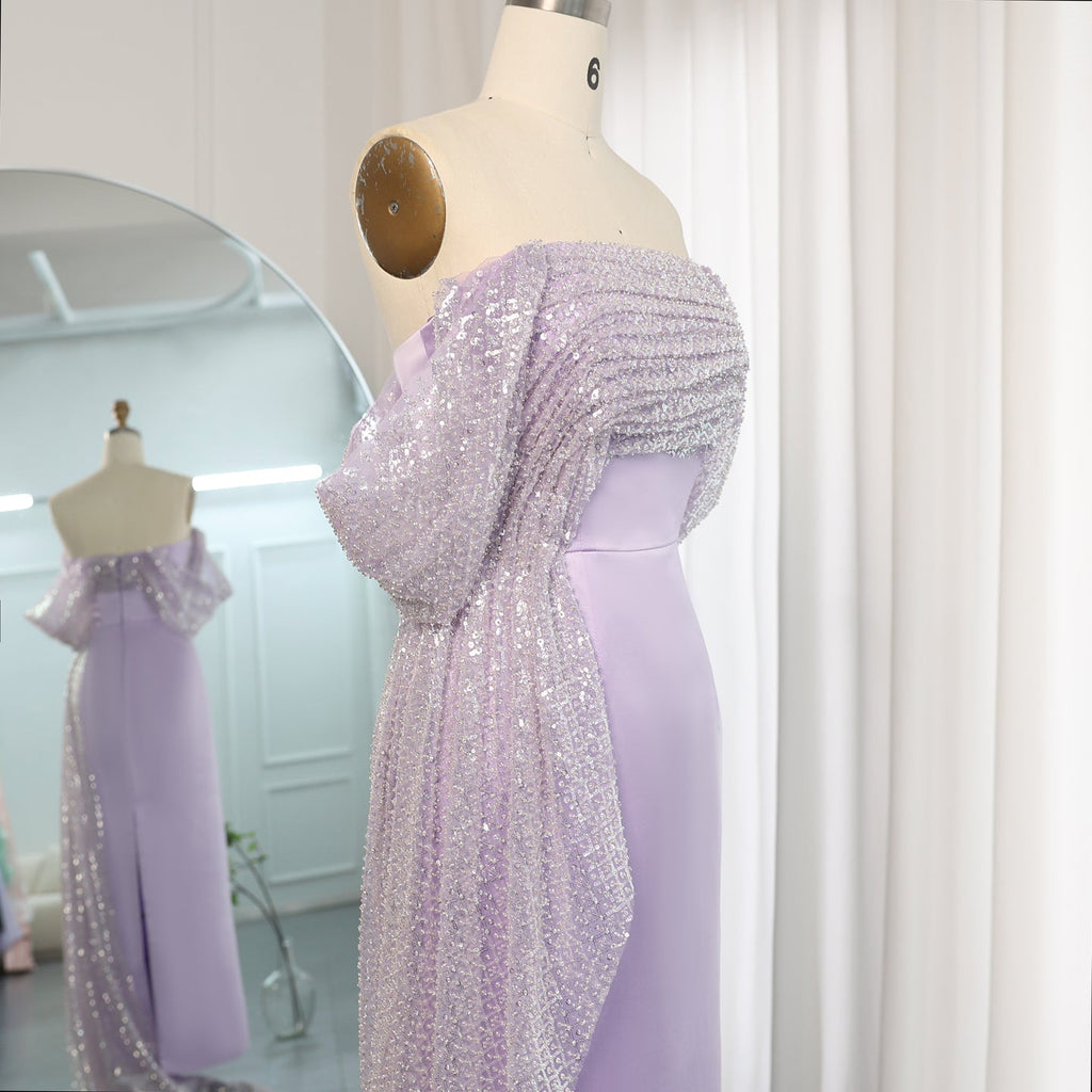 Elegant Beaded Lilac Off Shoulder Evening Dress with Overskirt SS340