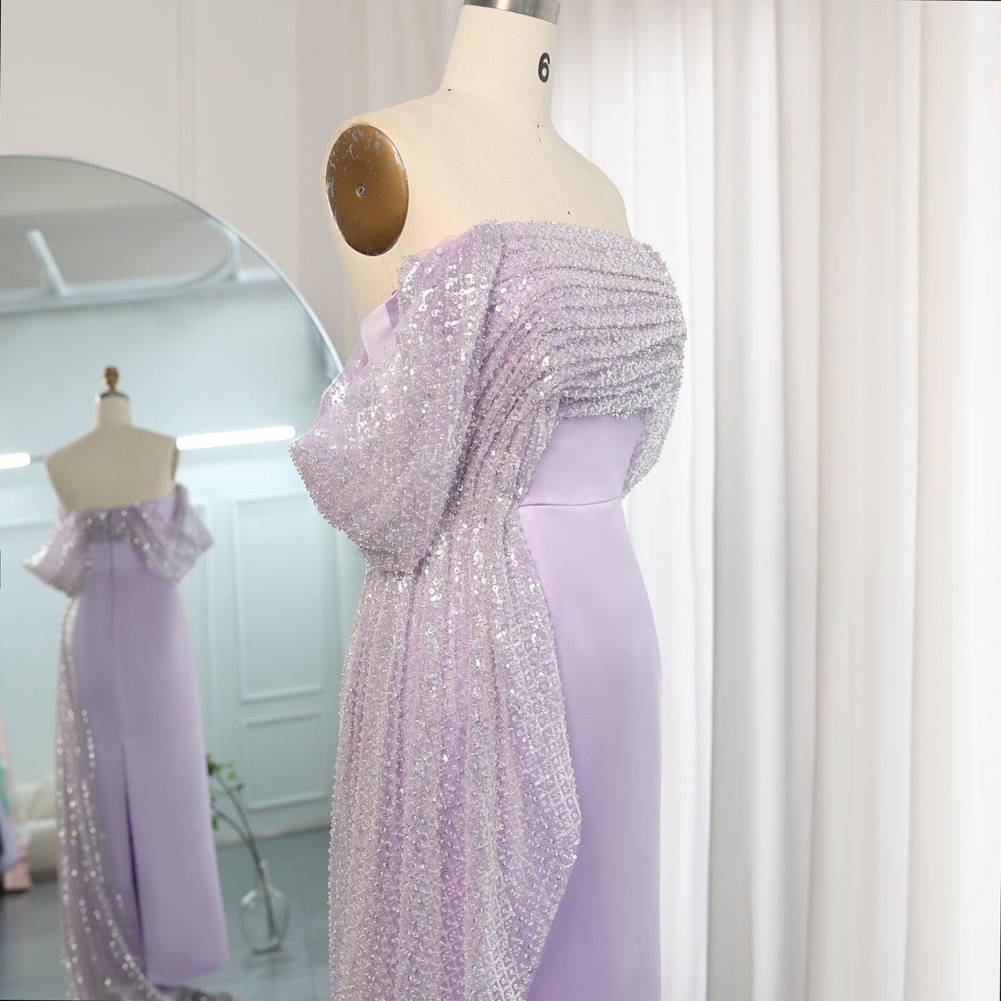 Elegant Beaded Lilac Off Shoulder Evening Dress with Overskirt SS340