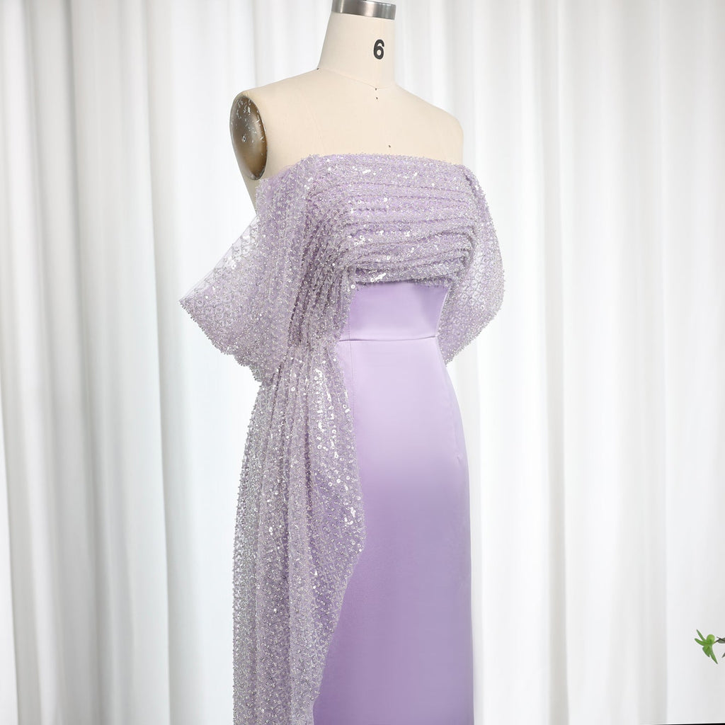 Elegant Beaded Lilac Off Shoulder Evening Dress with Overskirt SS340