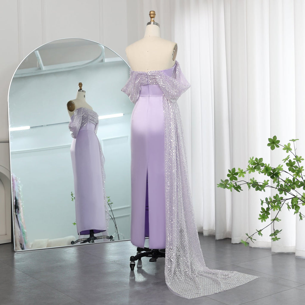 Elegant Beaded Lilac Off Shoulder Evening Dress with Overskirt SS340