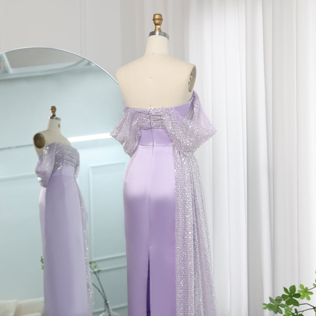 Elegant Beaded Lilac Off Shoulder Evening Dress with Overskirt SS340