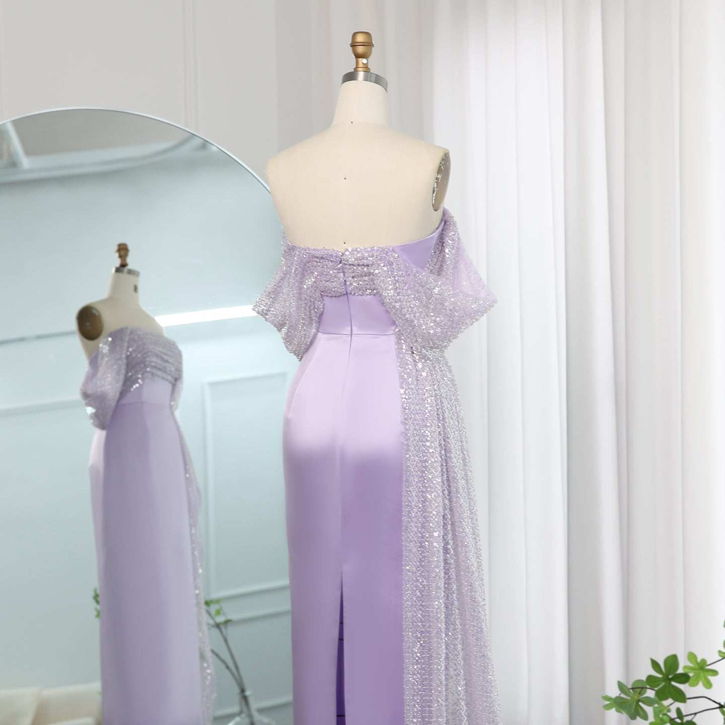 Elegant Beaded Lilac Off Shoulder Evening Dress with Overskirt SS340