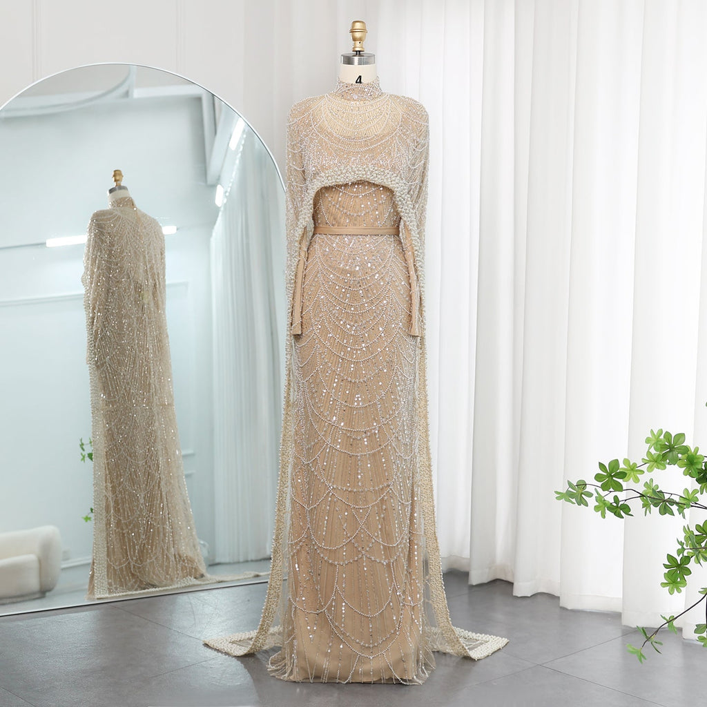 Luxury Pearls Champagne Mermaid Evening Dress with Cape SS369