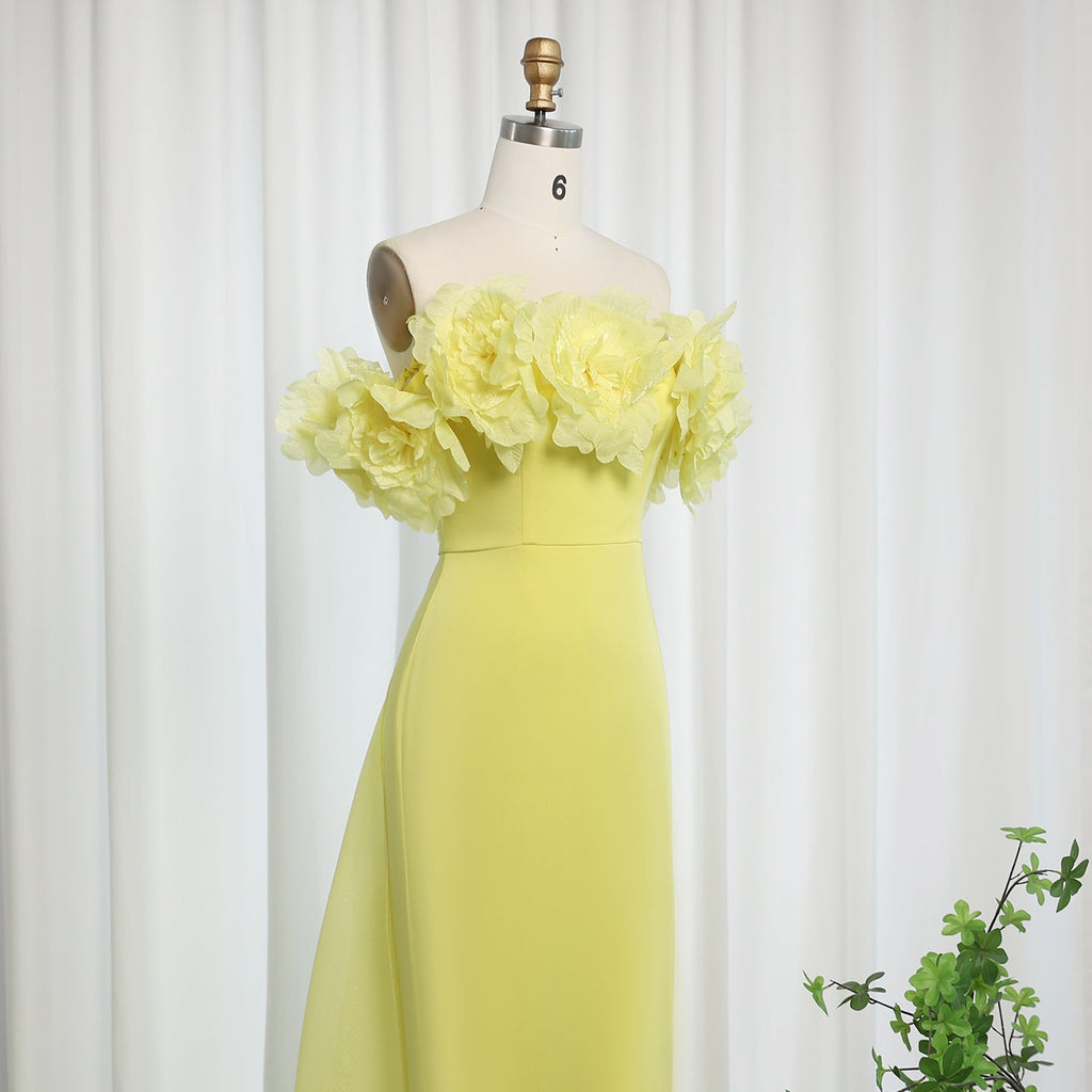 Elegant Light Yellow 3D Flowers Evening Dress with Overskirt SF013