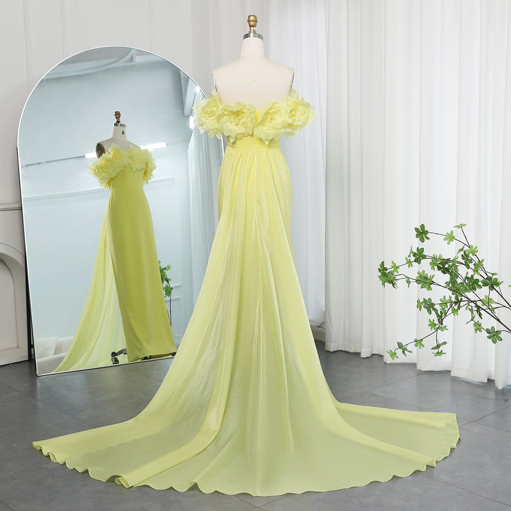 Elegant Light Yellow 3D Flowers Evening Dress with Overskirt SF013