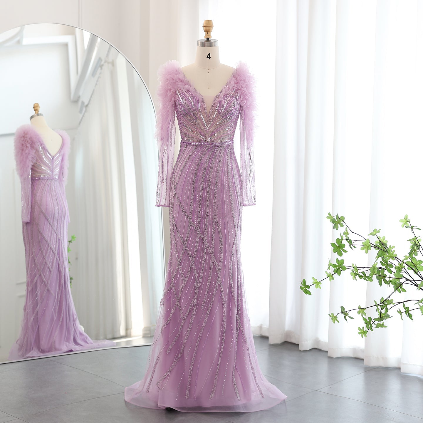 Luxury Lilac Long Sleeves V-Neck Mermaid Evening Dress SS433