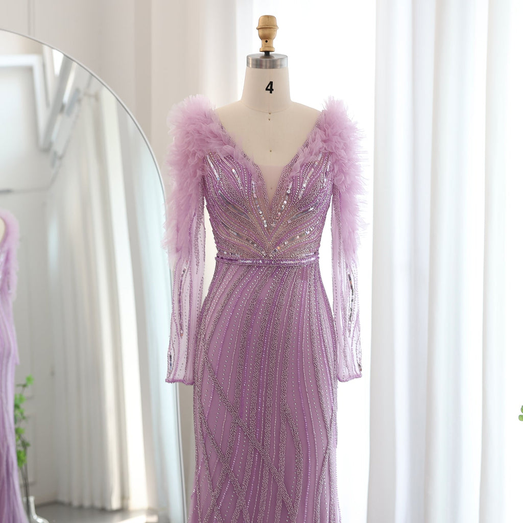 Luxury Lilac Long Sleeves V-Neck Mermaid Evening Dress SS433