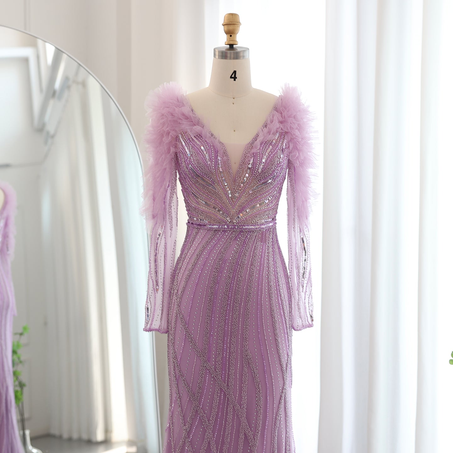 Luxury Lilac Long Sleeves V-Neck Mermaid Evening Dress SS433
