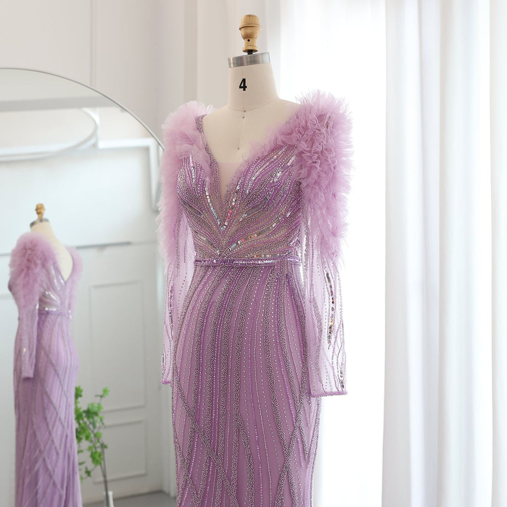 Luxury Lilac Long Sleeves V-Neck Mermaid Evening Dress SS433