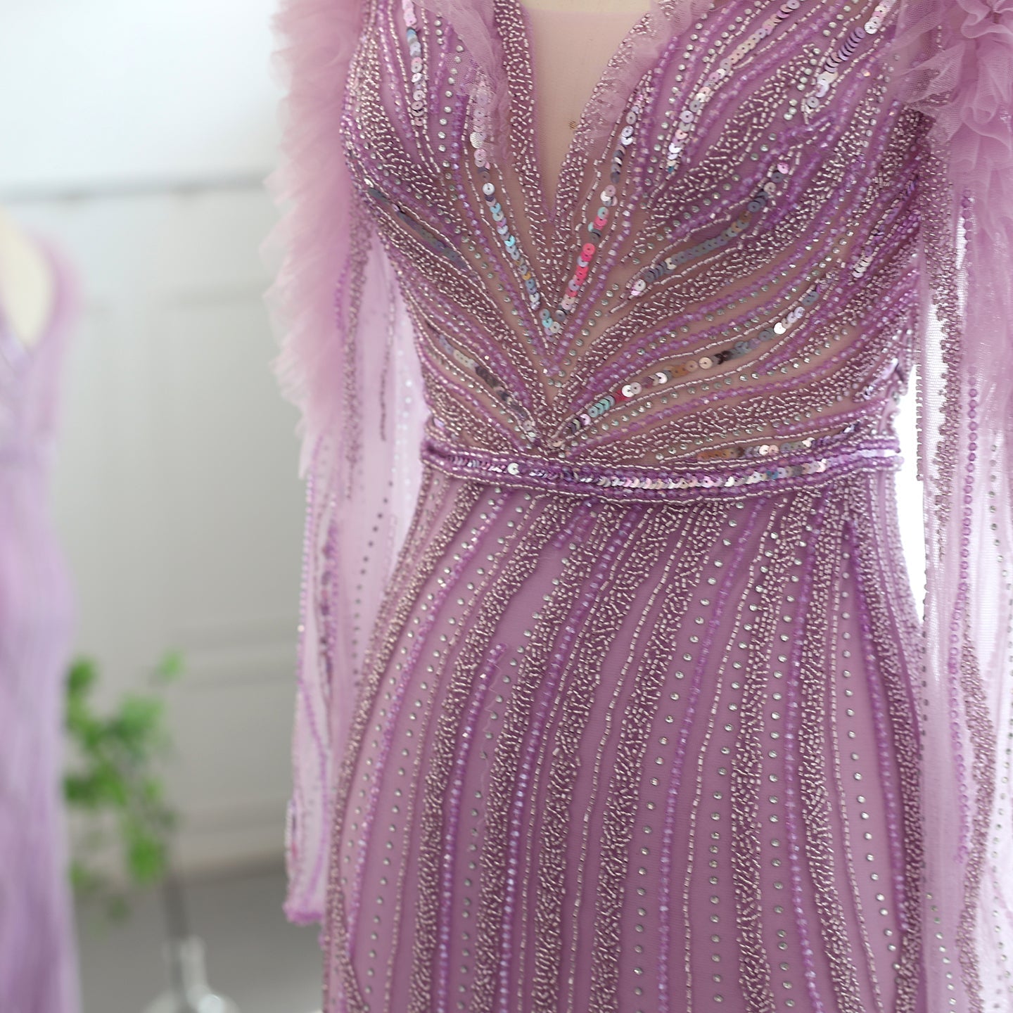 Luxury Lilac Long Sleeves V-Neck Mermaid Evening Dress SS433
