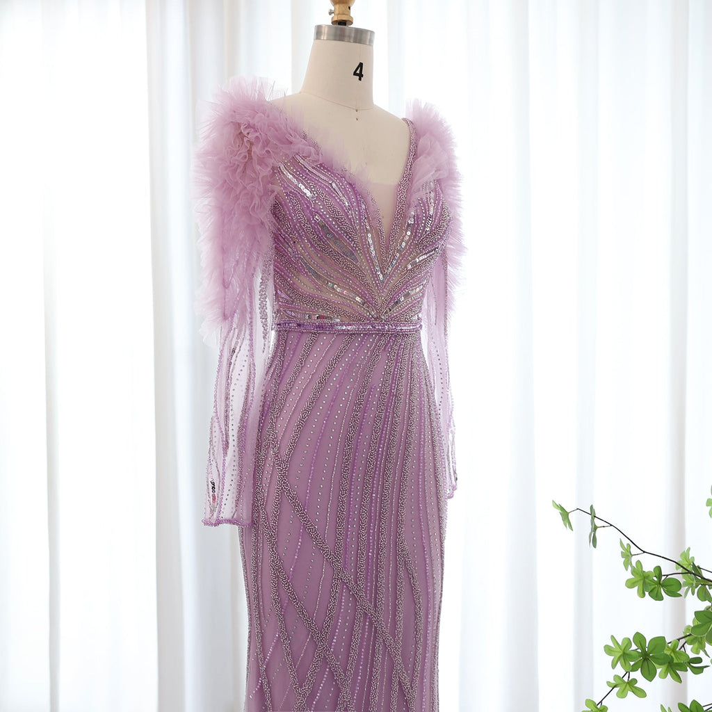 Luxury Lilac Long Sleeves V-Neck Mermaid Evening Dress SS433