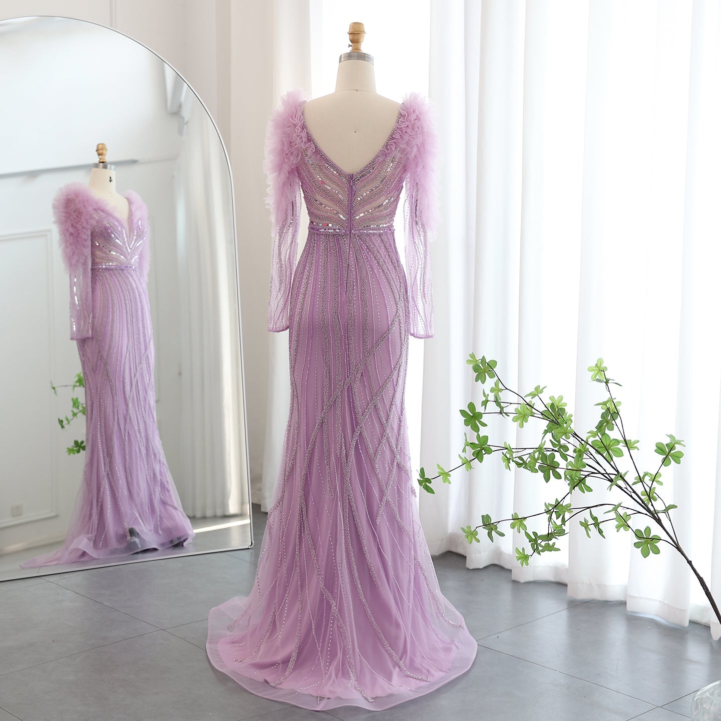 Luxury Lilac Long Sleeves V-Neck Mermaid Evening Dress SS433