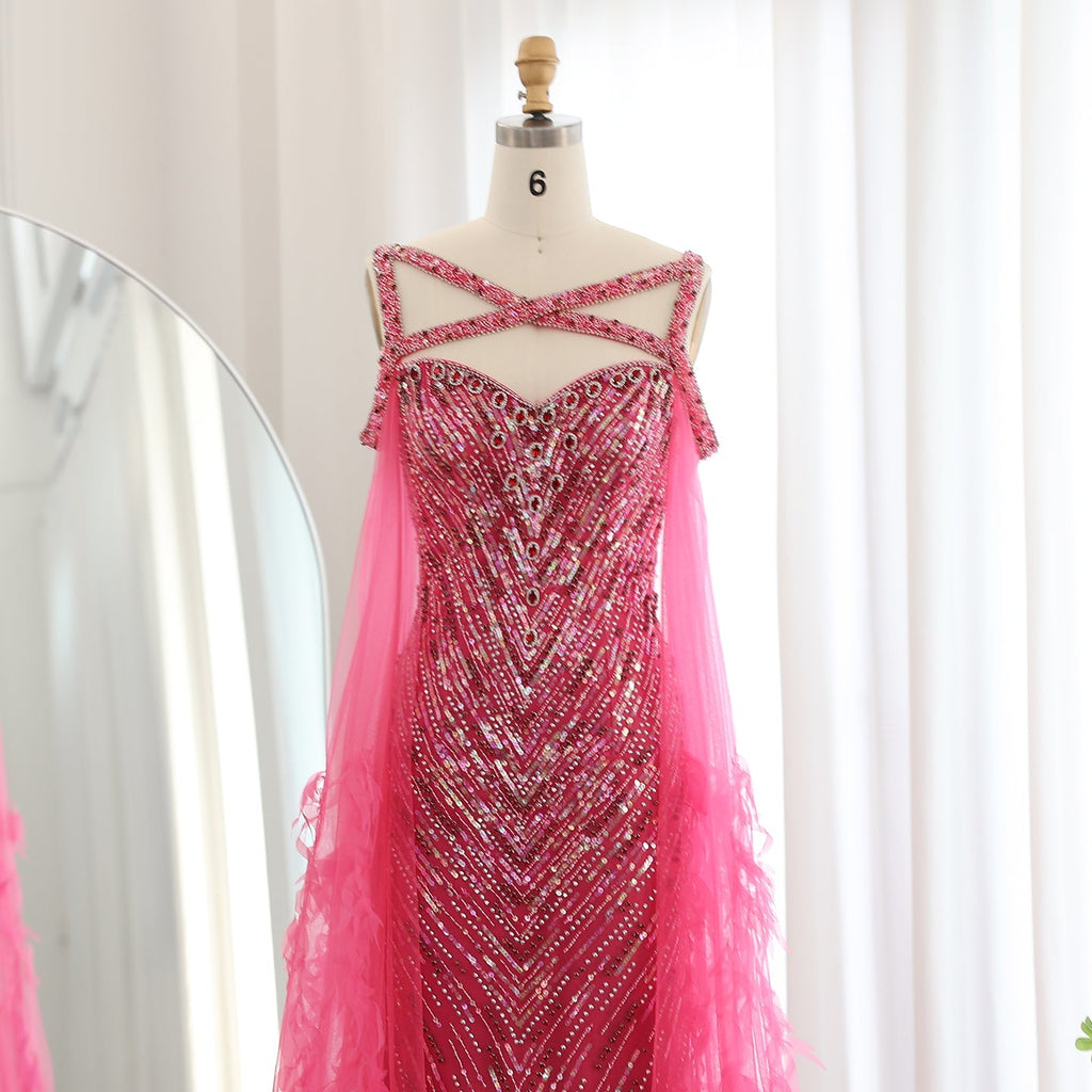 Luxury Crystal Fuchsia Evening Dress with Cape Sleeves SS468