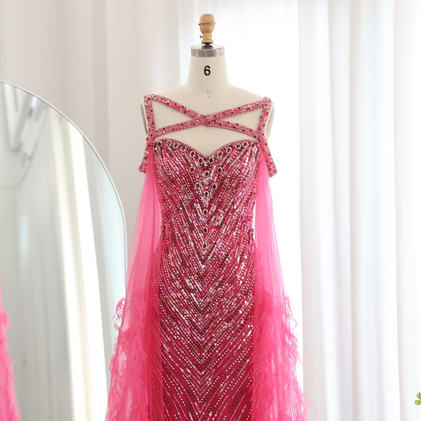 Luxury Crystal Fuchsia Evening Dress with Cape Sleeves SS468