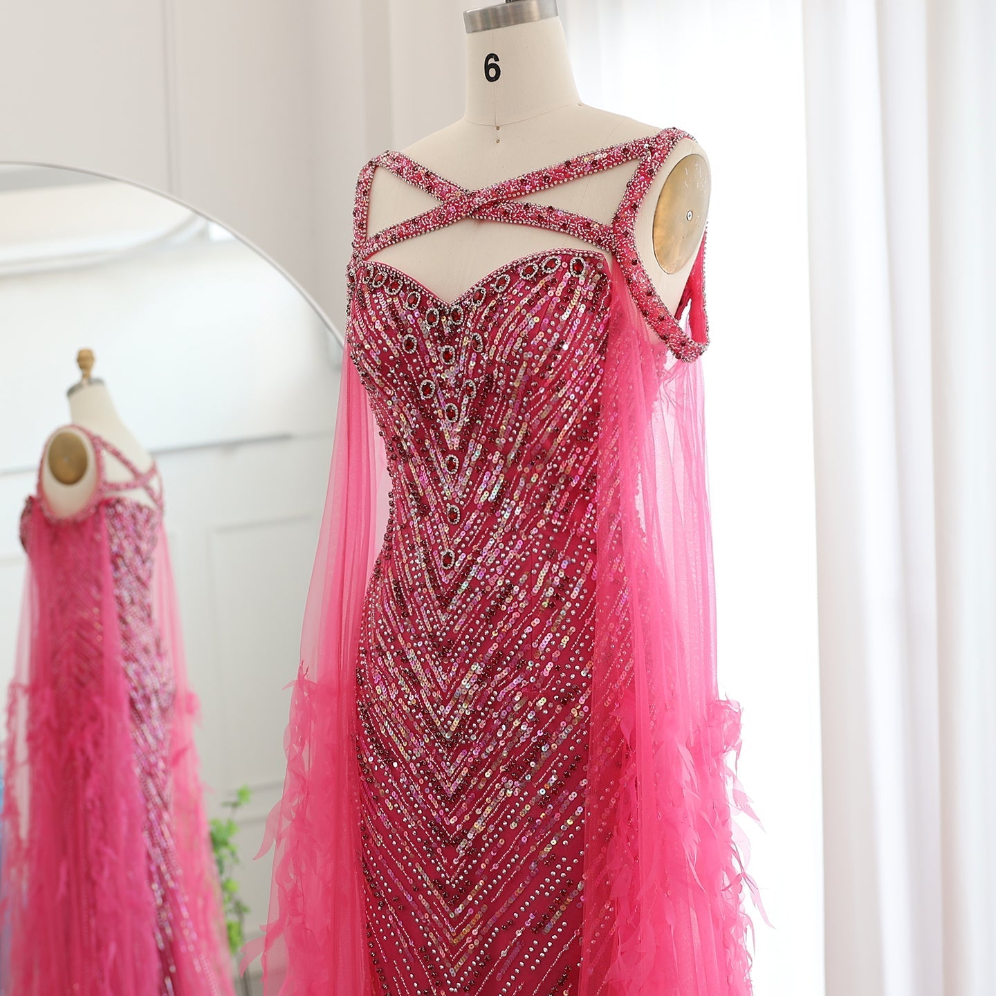 Luxury Crystal Fuchsia Evening Dress with Cape Sleeves SS468