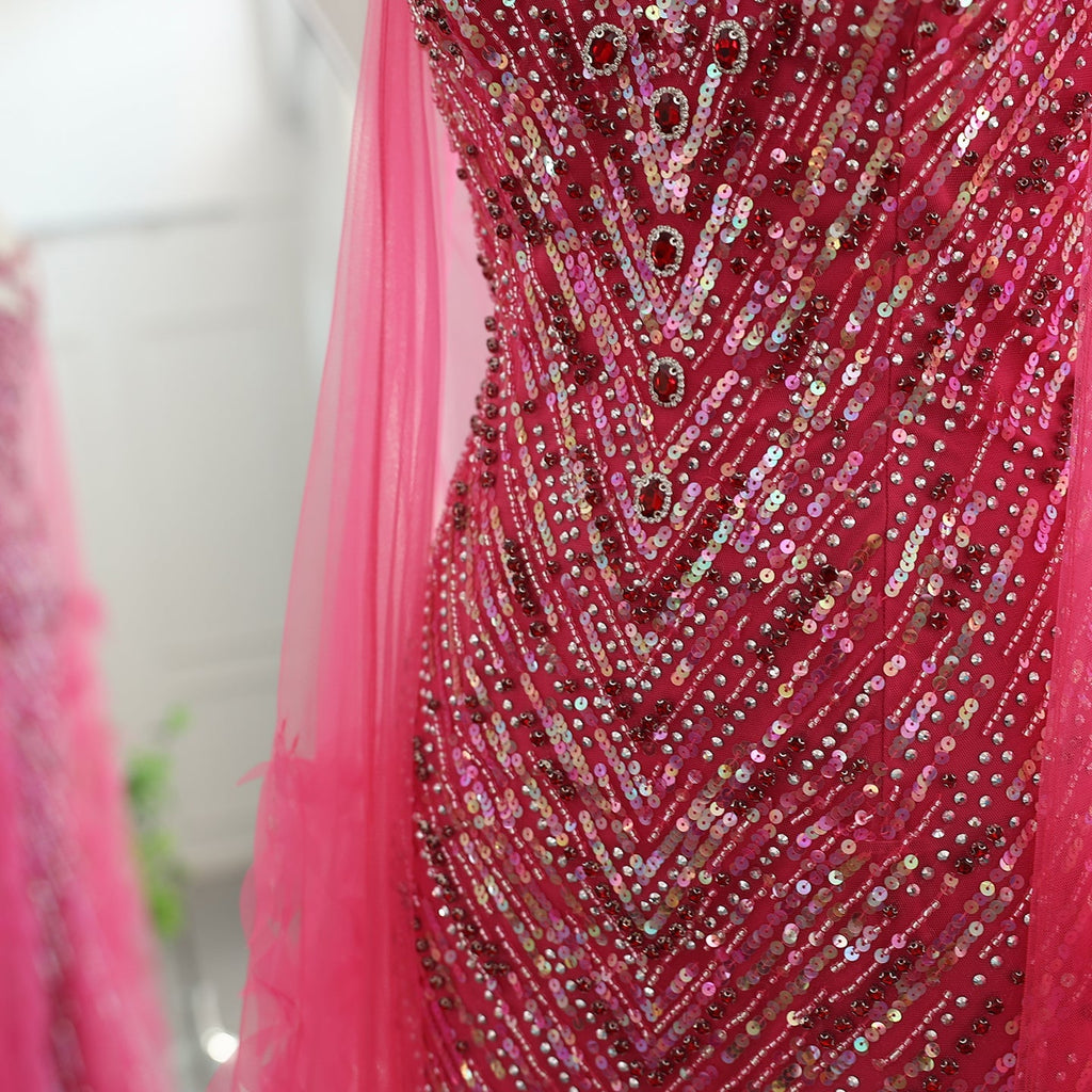 Luxury Crystal Fuchsia Evening Dress with Cape Sleeves SS468