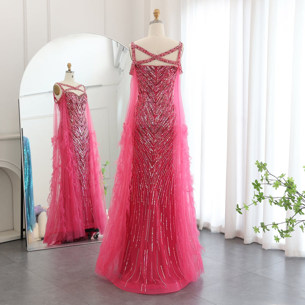 Luxury Crystal Fuchsia Evening Dress with Cape Sleeves SS468