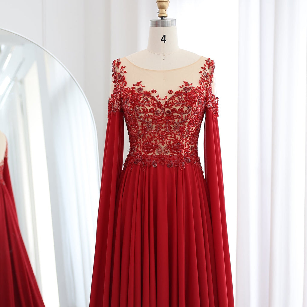Luxury Beaded Wine Red Chiffon Evening Dress with Cape Sleeve SS298