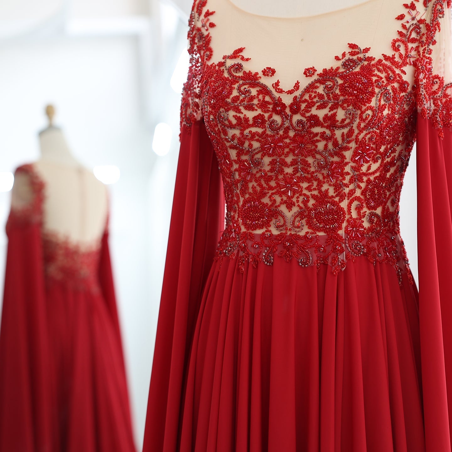 Luxury Beaded Wine Red Chiffon Evening Dress with Cape Sleeve SS298
