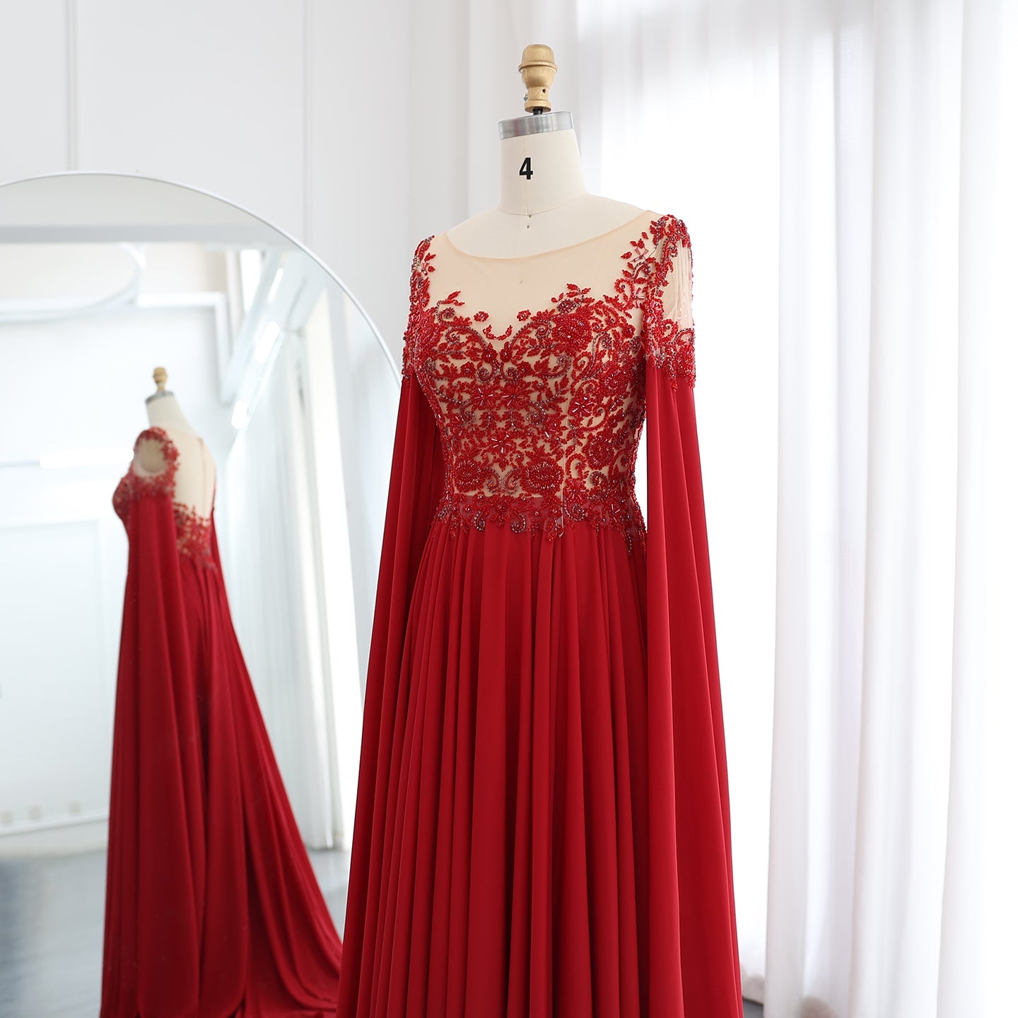 Luxury Beaded Wine Red Chiffon Evening Dress with Cape Sleeve SS298