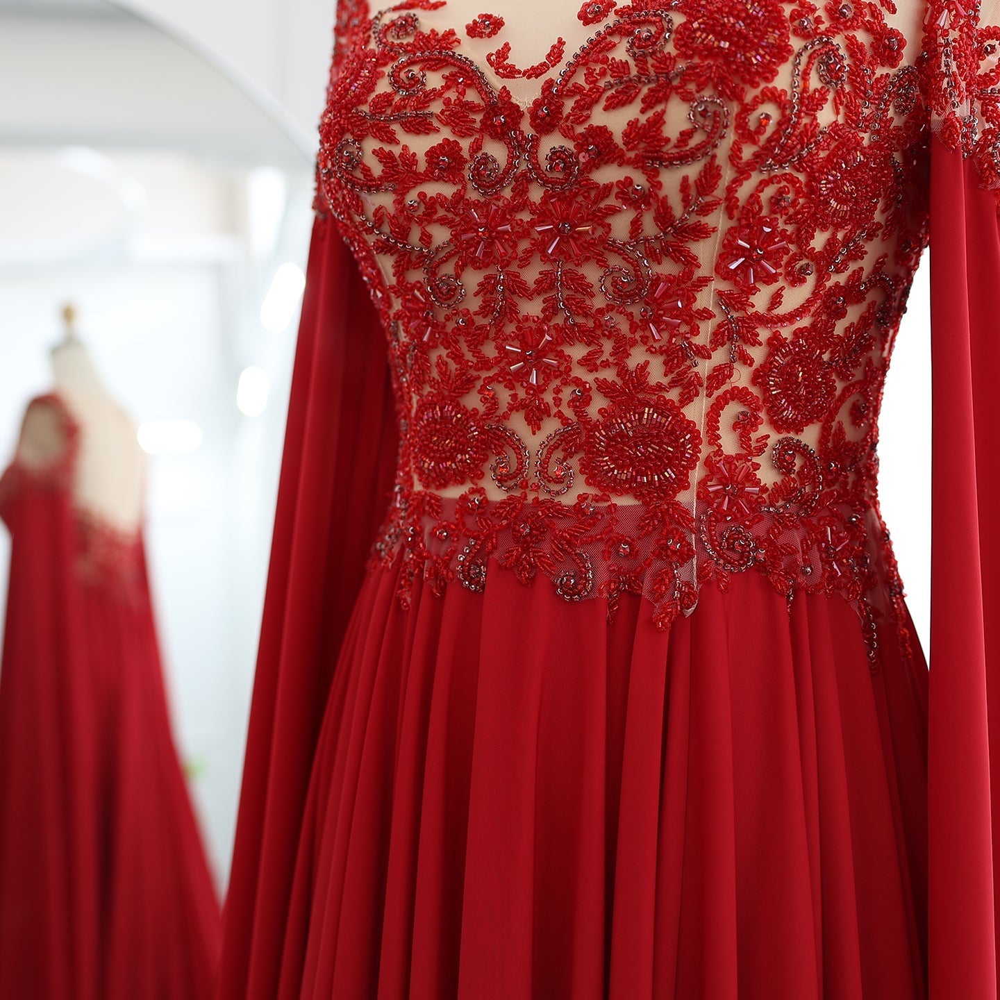 Luxury Beaded Wine Red Chiffon Evening Dress with Cape Sleeve SS298