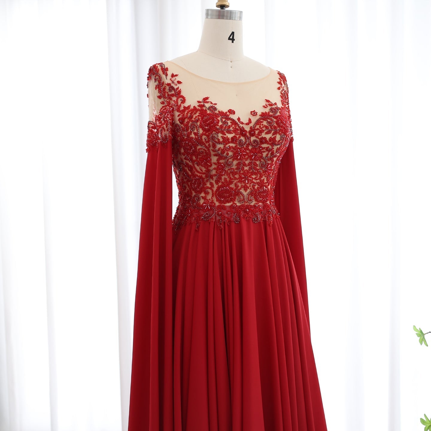 Luxury Beaded Wine Red Chiffon Evening Dress with Cape Sleeve SS298
