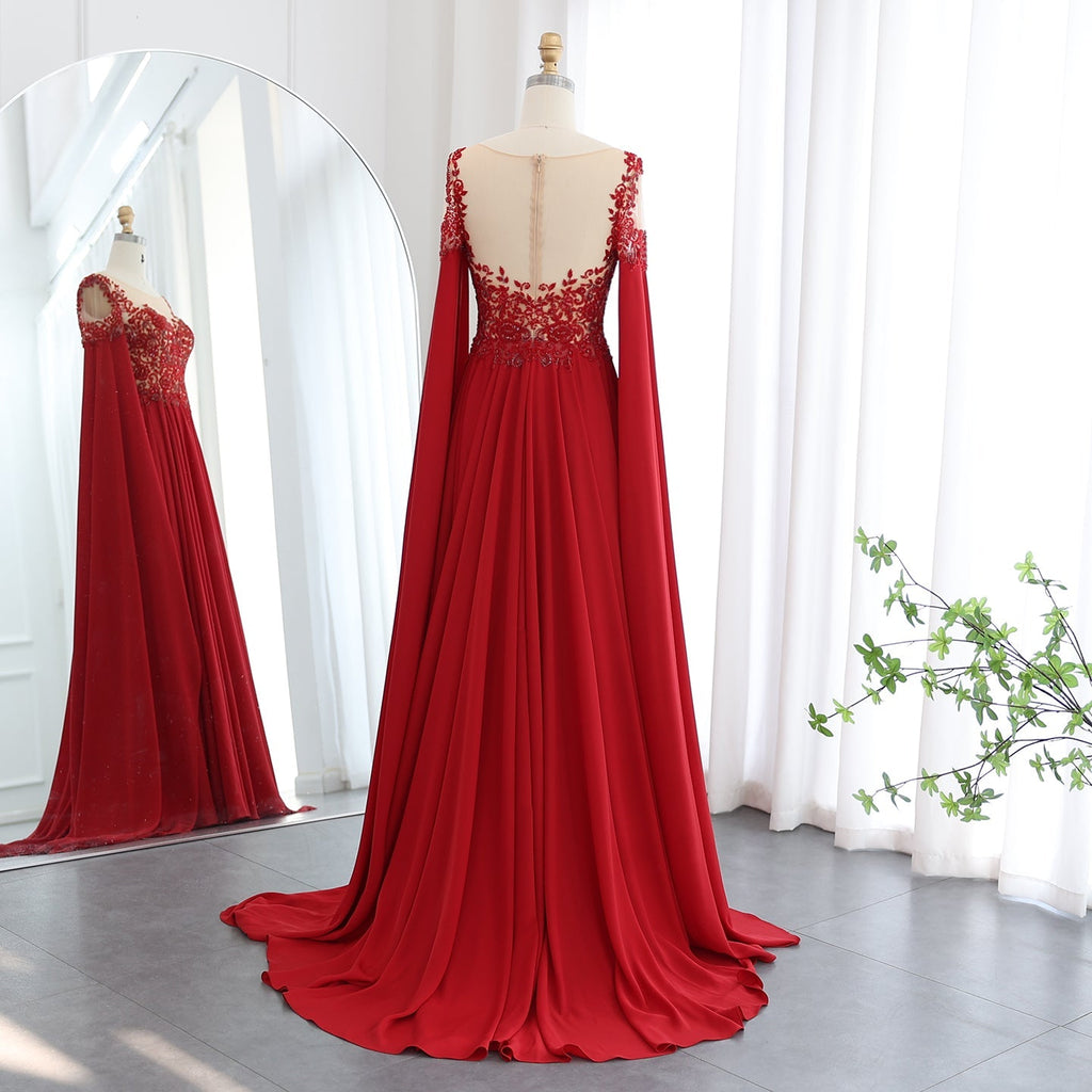Luxury Beaded Wine Red Chiffon Evening Dress with Cape Sleeve SS298