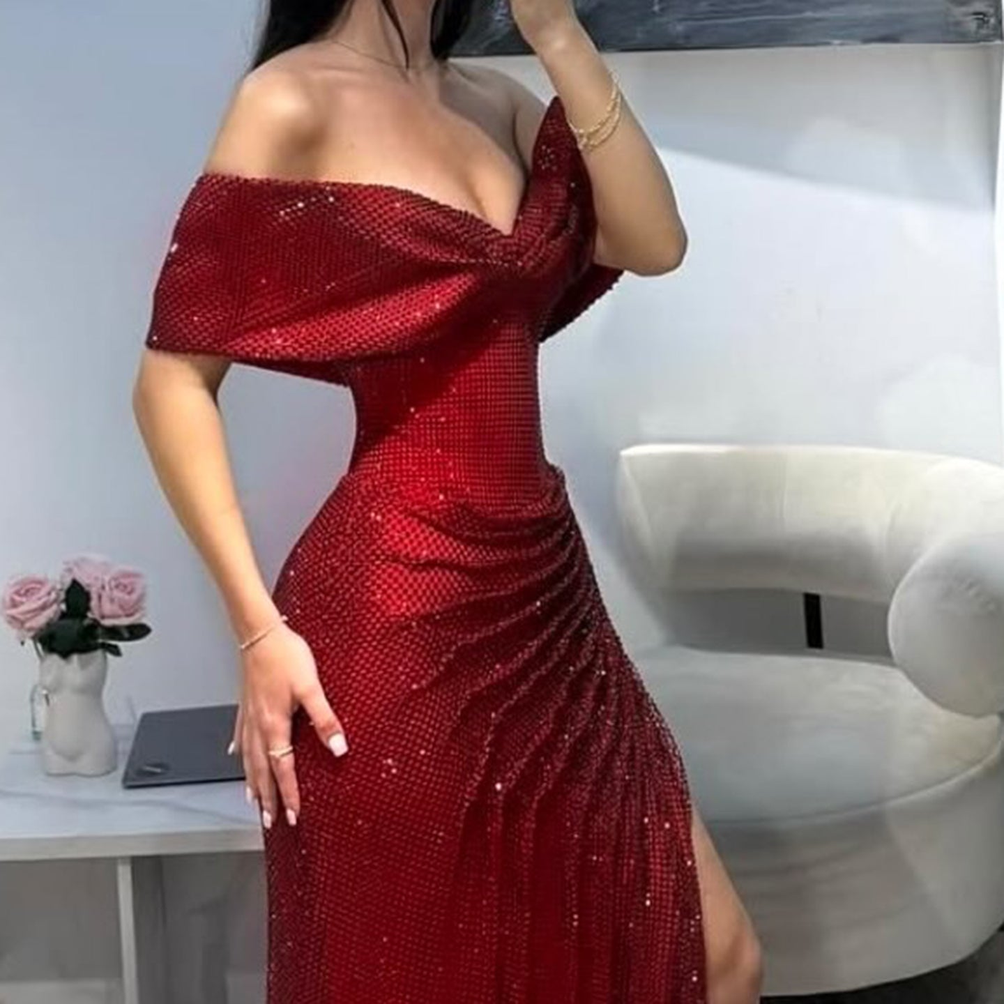 Luxury Off-the-Shoulder Ruched High-Slit Evening Dress SH570