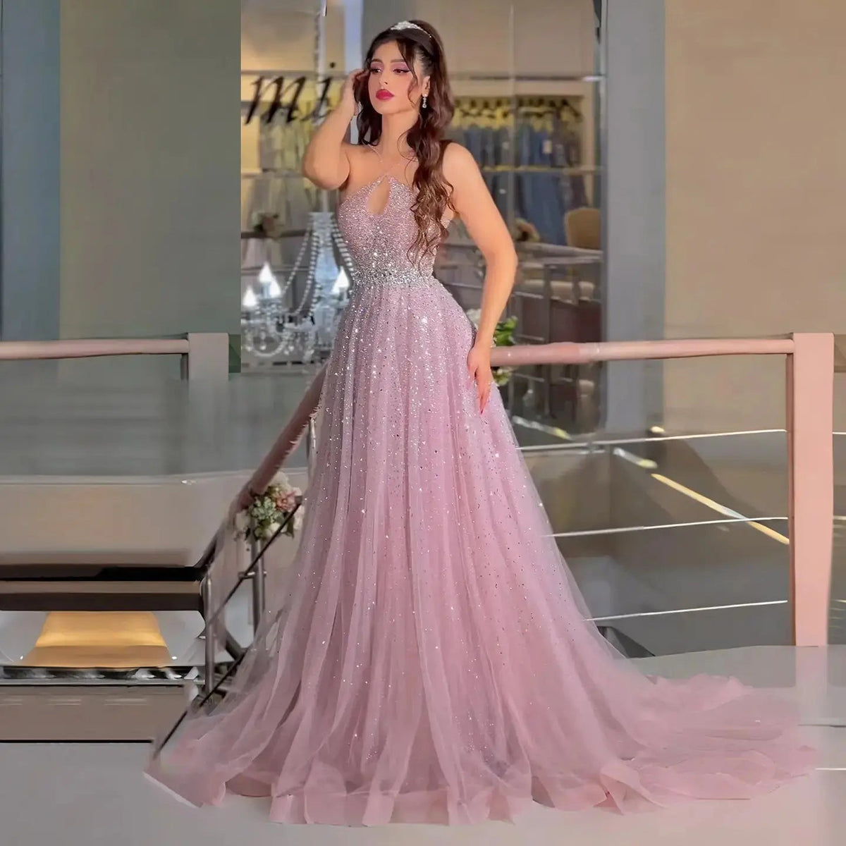 Luxury Dusty Pink Beaded Halter Neck A-Line Evening Dress SS580