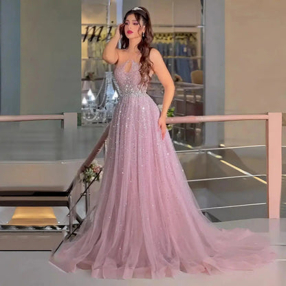 Luxury Dusty Pink Beaded Halter Neck A-Line Evening Dress SS580