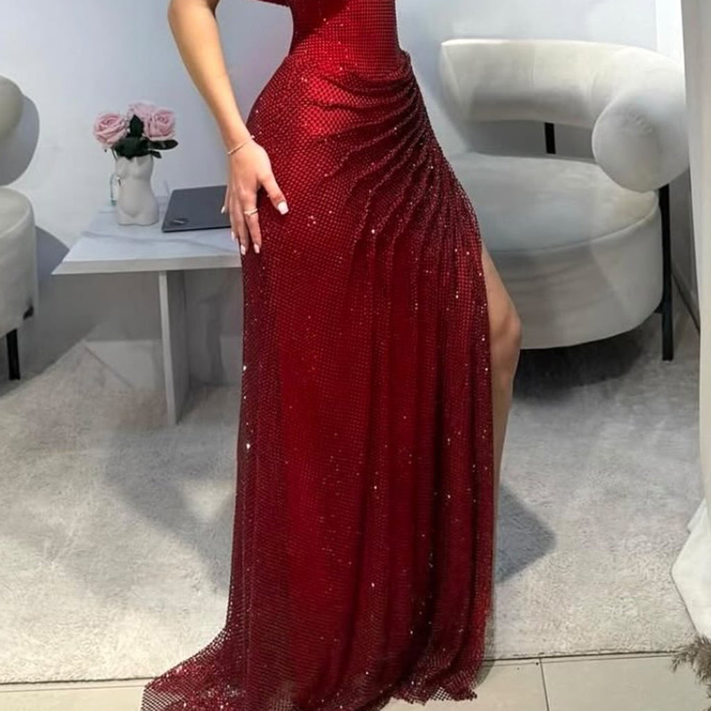 Luxury Off-the-Shoulder Ruched High-Slit Evening Dress SH570