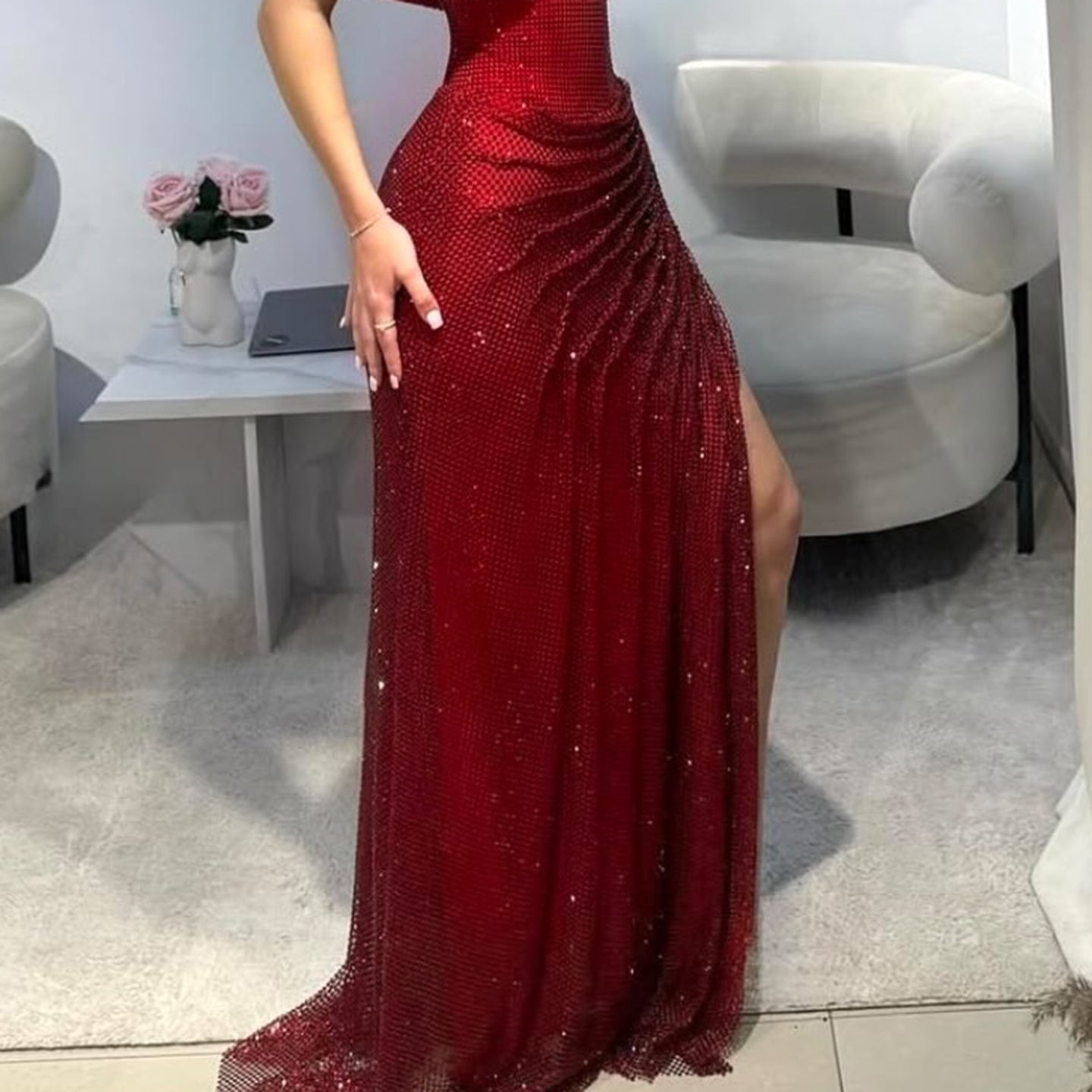 Luxury Off-the-Shoulder Ruched High-Slit Evening Dress SH570
