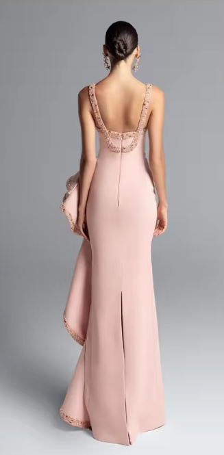 Luxury Blush Pink Beaded Ruffled Fitted Mermaid Evening Dress SF453