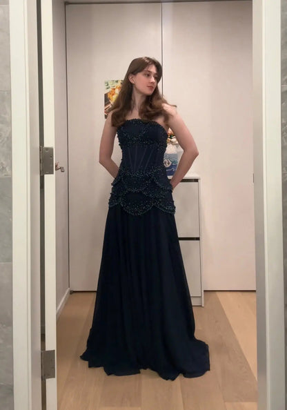 Luxury Pearls Tassel Blue and Yellow Evening Dress with Flowing Sleeves SS286