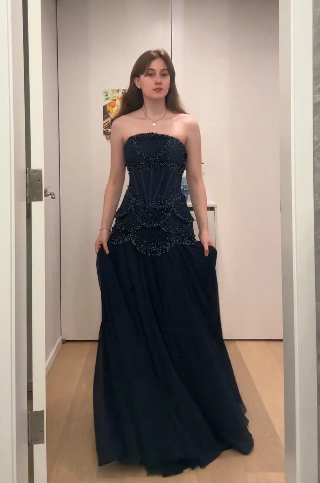 Luxury Pearls Tassel Blue and Yellow Evening Dress with Flowing Sleeves SS286