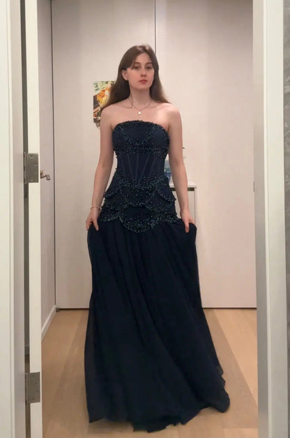Luxury Pearls Tassel Blue and Yellow Evening Dress with Flowing Sleeves SS286