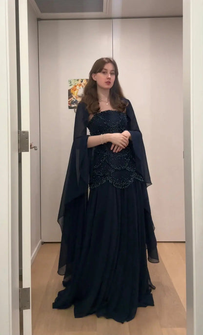 Luxury Pearls Tassel Blue and Yellow Evening Dress with Flowing Sleeves SS286