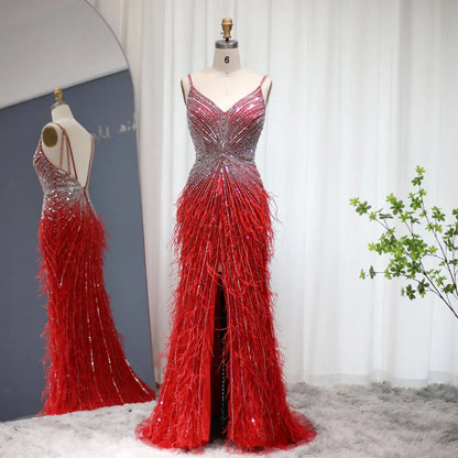Luxury Beaded Blue Mermaid Feathers Prom Dress SS004