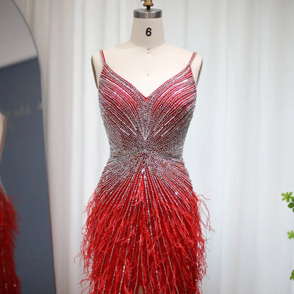 Luxury Beaded Blue Mermaid Feathers Prom Dress SS004