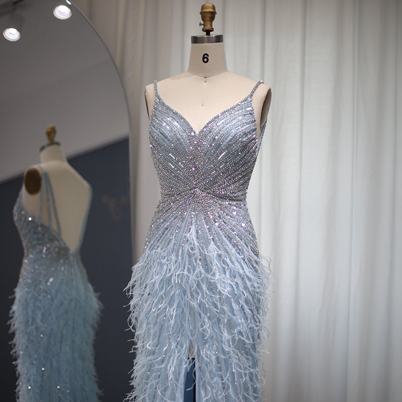 Luxury Beaded Blue Mermaid Feathers Evening Dress SS004
