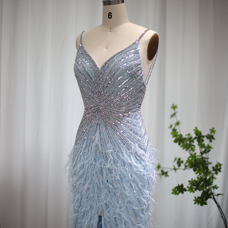 Luxury Beaded Blue Mermaid Feathers Evening Dress SS004